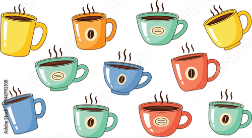 Colorful coffee cup vector illustration set with steaming mugs, hot beverage drink icons collection for cafe, breakfast and coffee shop design