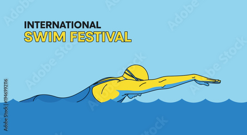 International Swim Festival Promotional Illustration With Vivid Blue and Yellow Tones