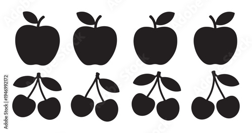 Black apple and cherry silhouettes set isolated on white background organic fruit icons for healthy diet