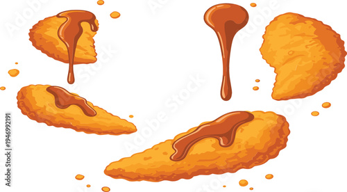 Crispy fried chicken strips and tenders vector set with dripping barbecue sauce and crunchy breadcrumbs isolated on white background for food menu.