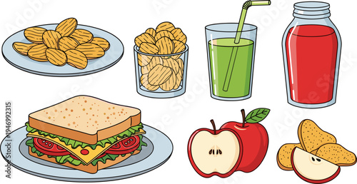 Healthy Snack Food Vector Set with Sandwich Chips Apple Juice Glass and Fresh Fruit Cartoon Illustration Collection Isolated on White Background