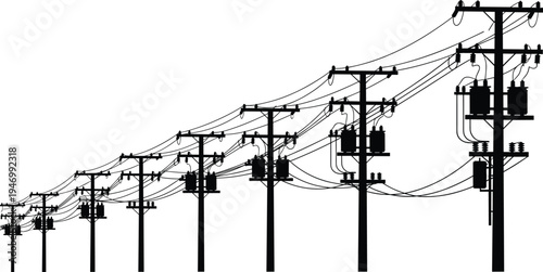 Utility poles with electrical transformers, power distribution lines, energy infrastructure art
