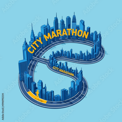 Isometric City Marathon Representation of a Dynamic Urban Running Event, Blue Tone Illustration
