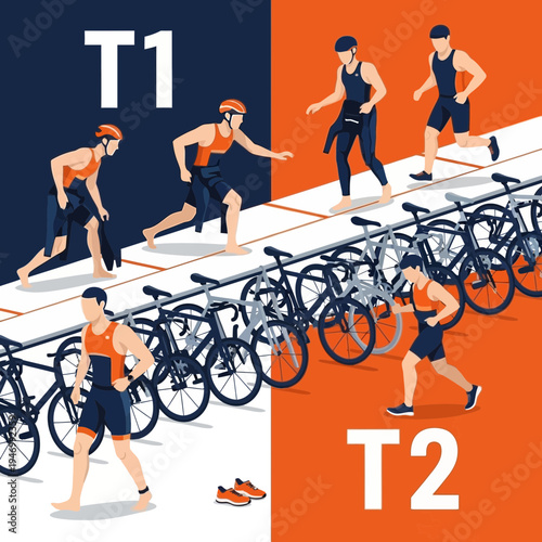 Isometric Illustration Of Athletes Transitioning Between Triathlon Stages With Bicycles