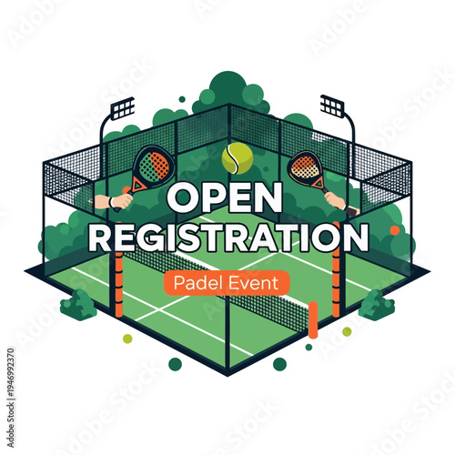 Isometric Illustration Showcasing Open Registration for a Dynamic Padel Sport Event