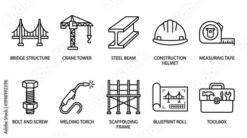 A diverse set of minimalist black outline vector icons representing essential construction, engineering, and building elements, including tools, equipment, and structures, presented clearly.