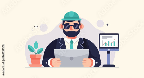Man in suit with cap and sunglasses, holding laptop, with plant and graph