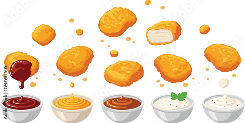 Crispy golden chicken nuggets vector set with various dipping sauces including ketchup mustard barbecue and mayonnaise isolated on white background