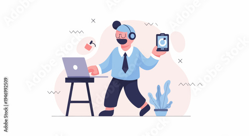 Person with headphones, laptop, and phone, working at desk with plant