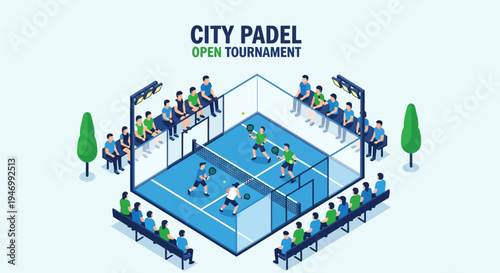 Isometric View Of City Padel Tournament Showing Players Spectators And Court Design