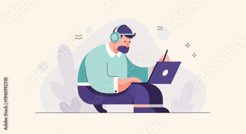 Cartoon man in headphones focused on laptop with digital stylus, surrounded by abstract shapes and leaves
