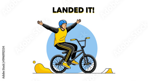 Joyful Bmx Rider Triumphantly Lands Trick Celebrating Achievement Victory