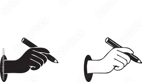 Set of 2 Writing Hand Icons Vector: Black and White Hands Holding Pens for Creative Content, Education, and Communication Design