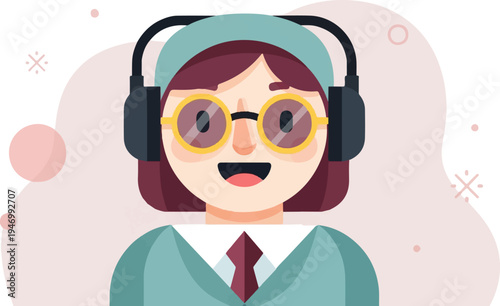 Flat illustration of a person with headphones and glasses wearing a suit