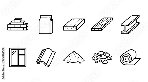 A collection of minimalist black outline vector icons depicting various construction and building materials like bricks, wood, steel, and sand, suitable for architectural projects, web design.