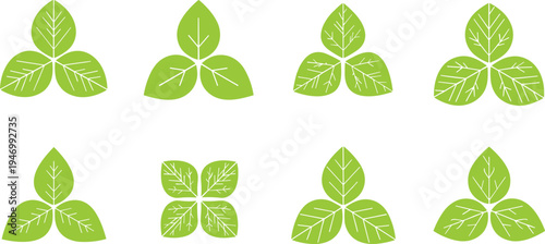 Green leaf icon set with three leaf clover shapes, natural plant symbols collection for eco, organic and botanical design