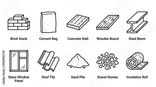 A collection of minimalist black outline icons representing essential building and construction materials like bricks, cement, wood, steel, and insulation, isolated on a white background.