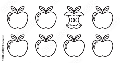 Set of black and white line art apple icons with leaves, suitable for various design projects