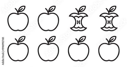 Set of apple and apple core black and white line art vector icons for various uses