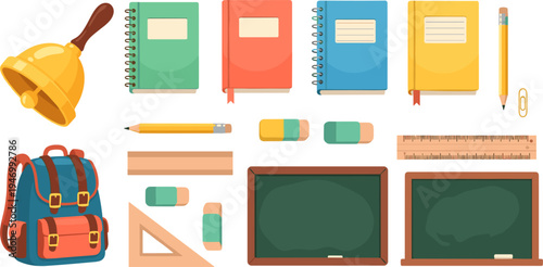 School Classroom Education Supplies Vector Set with Notebooks Backpack Pencil Ruler Chalkboard Bell and Learning Tools Cartoon Illustration Collection Isolated on White Background