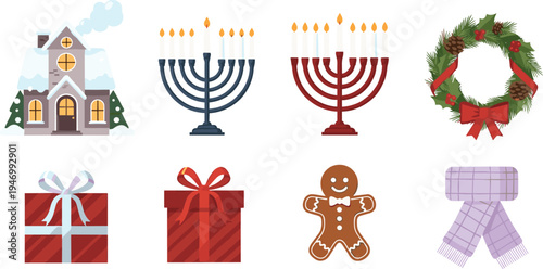 Festive Holiday Collection with Menorah, Christmas Wreath, Gingerbread, Gifts, and Snowy House, Perfect for Christmas and Hanukkah Designs