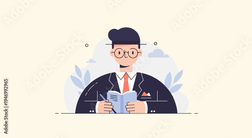 Gentleman in suit reading a book with pen