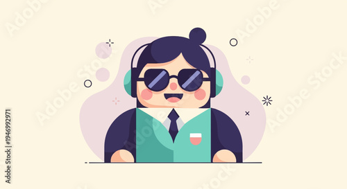 Cheerful character in sunglasses and headphones with stylish attire