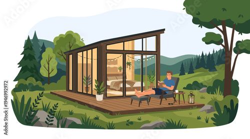 A glamping cabin nestled in nature, where a man enjoys a holiday at a glass building, experiencing luxurious outdoor comfort in a modern, glamorous vacation spot, depicted as a flat vector
