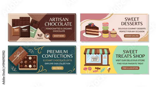 Elegant web banner templates featuring chocolate bars, organic sweet desserts, and natural confections, accompanied by a decorative vector illustration for shop, store, or confectionery ads