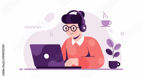 Person with headphones and glasses uses laptop, with plant and coffee nearby