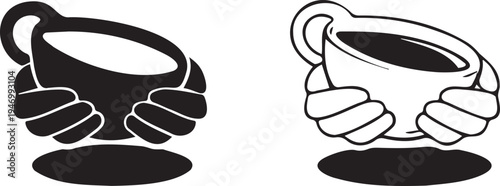 Set of 2 vector icons featuring hands holding a coffee cup, one solid black and one white with black outline, for cafe, beverage, and morning concepts.
