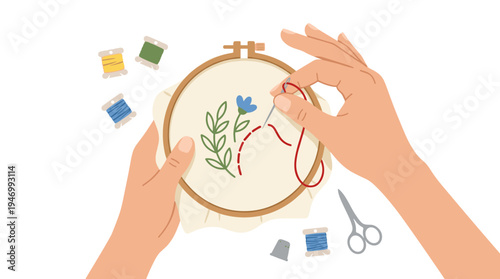 Embroidery, a craft process where hands stitch with a needle. Needlecraft, needlework on fabric, textiles in a hoop. Handmade handcraft, craftwork. A flat vector illustration isolated on a white