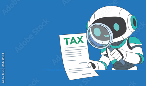 AI Robot Analyzing Tax Document With Magnifying Glass And Financial Accounting