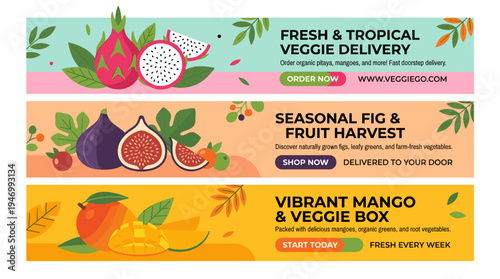 A series of horizontal banners featuring pitaya or dragon fruit, fig, and mango on a white backdrop with a designated area for text; vector illustration for a vegetable food delivery service ad