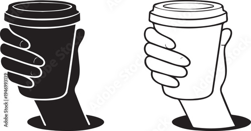Hand Holding Disposable Coffee Cup Vector Icon Set in Black Silhouette and Outline Style for Cafe, Takeaway, or Beverage Concepts