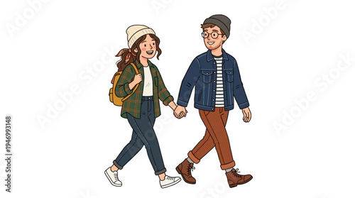 A charming romantic pair in fashionable attire stands alone against a white backdrop, with a hipster boy and girl strolling side by side, a young man and woman deeply in love, rendered in a bright