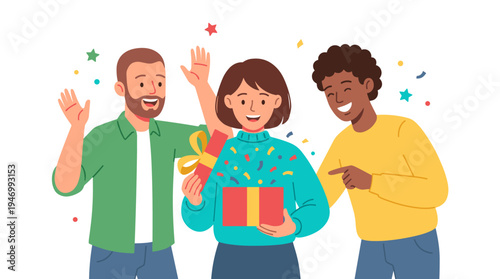 Joyful people unboxing a gift together, with men and women holding present packages, as someone receives a birthday surprise and celebrates, all depicted in a flat vector illustration on a white