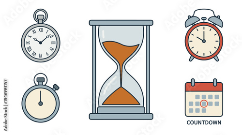 An hourglass with flowing sand, depicted as a sandglass icon, serves as a timer that measures and counts time, evoking old clocks and the countdown concept, shown as a colored flat vector