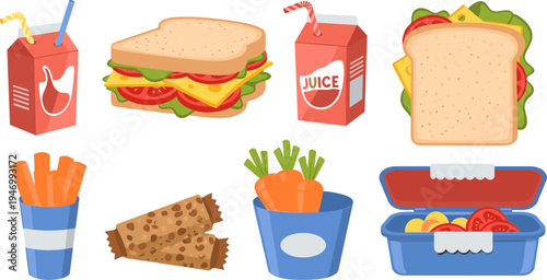 School Lunch Food Vector Set with Sandwich Juice Box Carrot Sticks Snack Bar and Healthy Lunchbox Illustration