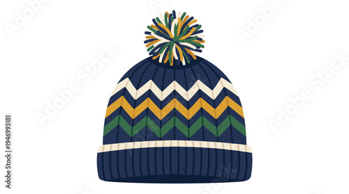A winter beanie featuring a knitted hat with a pom-pom and zigzag pattern, offering warm, cozy woolen headwear for cold weather, stylish knitwear, and a head accessory presented as a flat vector