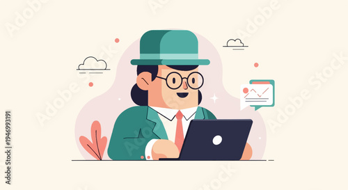 Cheerful individual in a hat and glasses works on a laptop
