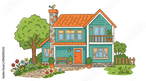 A hand‑drawn cottage, a modern private residence, depicted in a colorful sketch