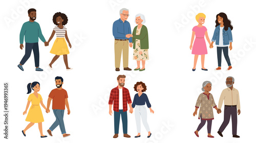 A collection of couples in love, hand in hand, depicted in a solitary illustration