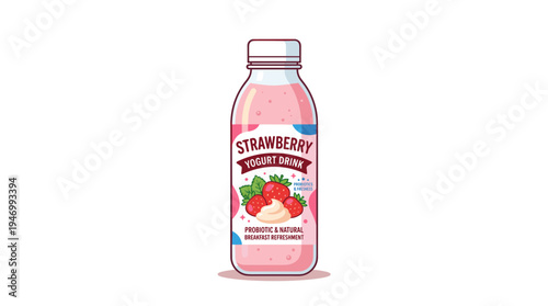 Strawberry‑flavored yogurt beverage in a bottle, a dairy milk drink presented as a natural packaged dessert, ideal for breakfast with a berry taste, fresh probiotic snack, depicted as a flat vector