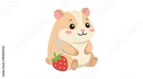 Adorable plush hamster toy perched beside a strawberry, a soft, cuddly kawaii rodent perfect for nursery and kindergarten, depicted as a flat vector illustration on a white background