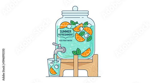 A glass jar of fruit‑infused lemonade, complete with a tap, offers a chilled summer refreshment served from a dispenser, featuring orange slices and ice, depicted in a flat lineart vector