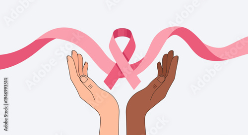 Support and Awareness Pink Ribbon Held by Diverse Hands Symbolizing Hope and Solidarity in the Fight Against Breast Cancer