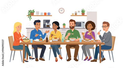 During lunch break, office staff gather at the dining table, sharing a meal and chatting, while employees dine in the corporate kitchen, depicted in a flat vector illustration on a white background