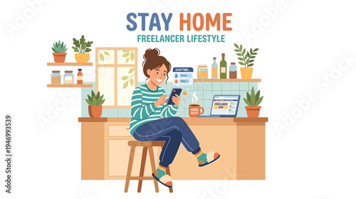 A young woman in the kitchen browsing the web, wearing pajamas and chatting on her phone, staying home as a freelancer; depicted in a flat cartoon vector illustration