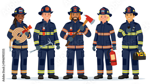 Portrait of a firefighting team: men and women in uniform standing with their equipment, smiling 911 emergency responders, depicted in a flat vector illustration on a white background